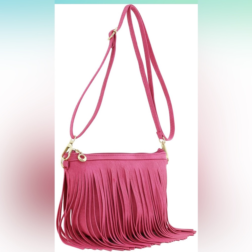Pink Faux Leather Tassel Fringe Crossbody Bag Shoulder Handbag Boho Purse